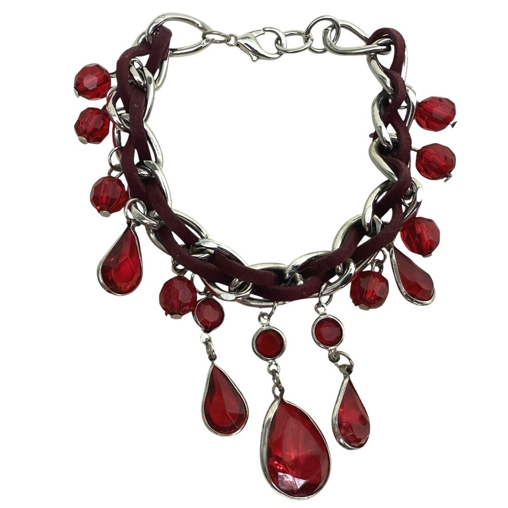 Charms Statement Silver Tone Chain Bracelet Red Acrylic Teardrop Beads Size 6.5